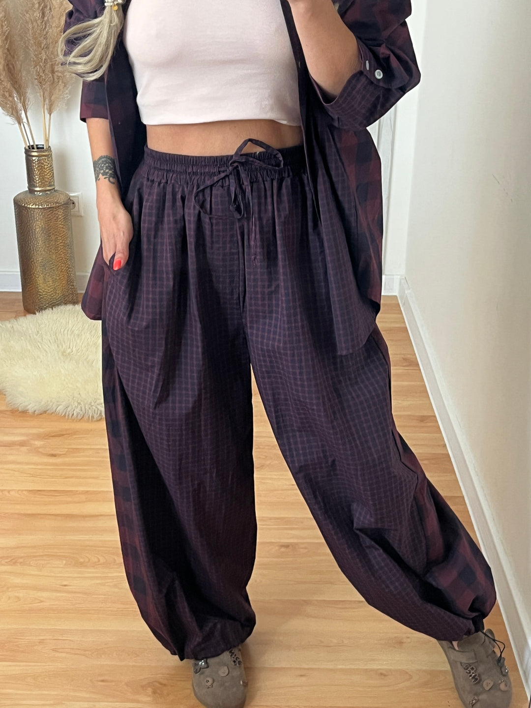 Nohavice CHECKER MIX BURGUNDY