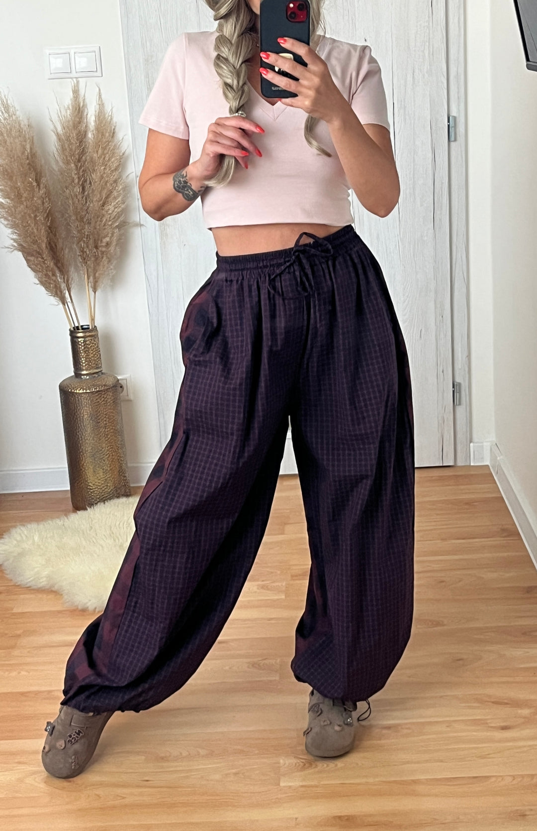 Nohavice CHECKER MIX BURGUNDY